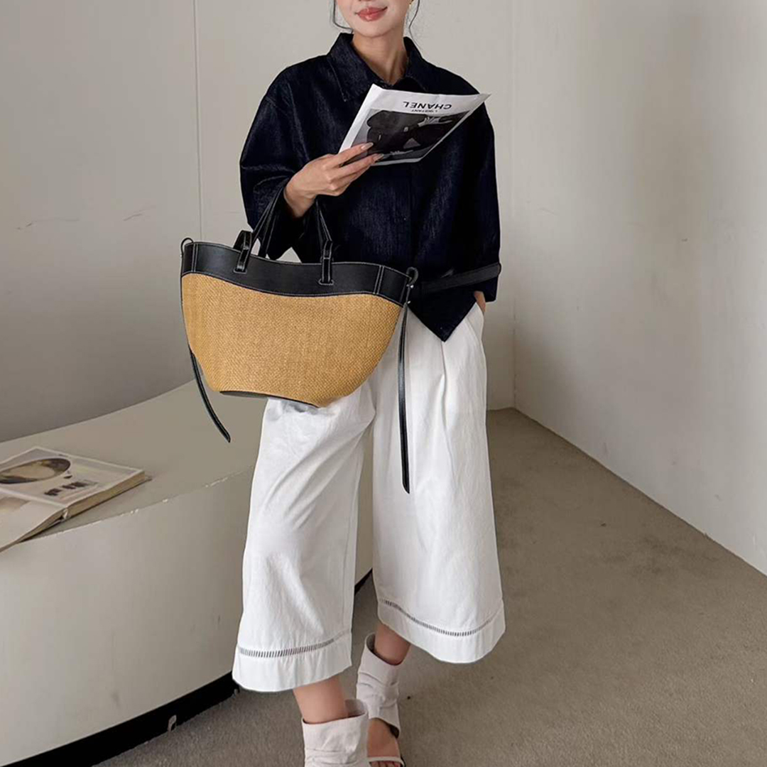 Women'S Raffia Bags - Bolsa Tote de Couro Genuíno Mendy