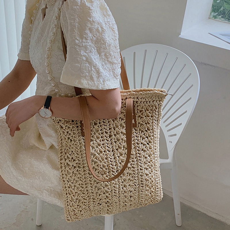 Bolsa de praia de palha oca qu - Women'S Raffia Bags avaliação e preço